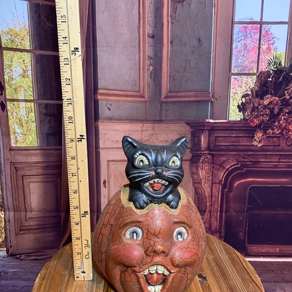 Halloween Cat Pumpkin Vintage Retro Crackle Paint Decor Party Decoration Rare - Picture 8 of 11